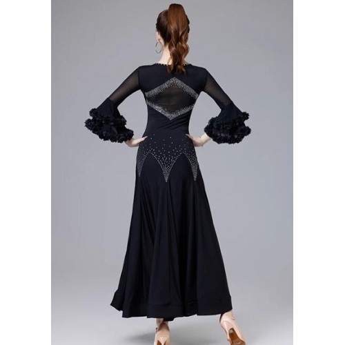 Women girls black red sequins ballroom dance dresses for female flare sleeves waltz tango foxtrot smooth dance long gown for female